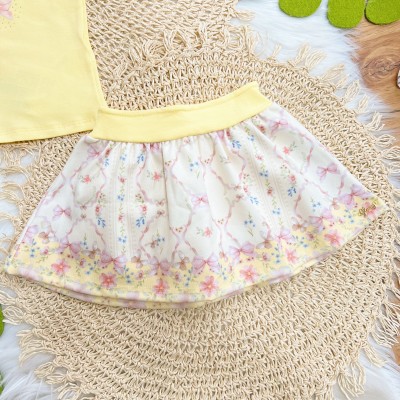 Conj. Blusa Lacinho e Short Saia Floral - Amarelo